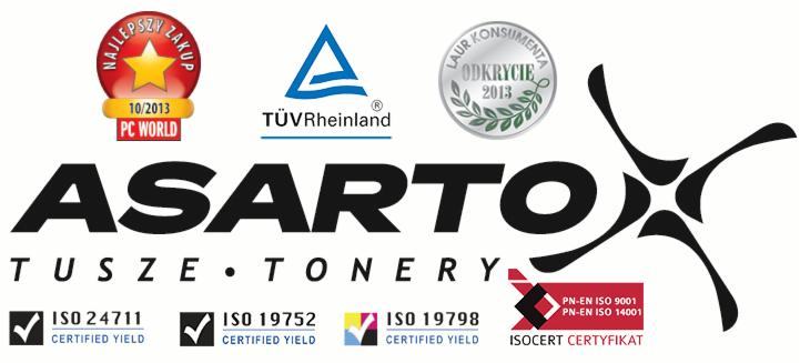 Logo firmy ASARTO TUSZE TONERY z nagrodami Najlepszy Zakup PC World 10/2013, Laur Konsumenta Odkrycie 2013, certyfikatem TÜV Rheinland i certyfikatami ISO 24711, ISO 19752, ISO 19798 oraz ISOCERT.