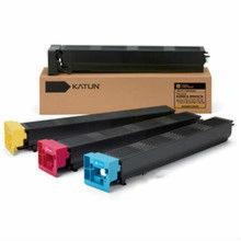Cztery tonery do drukarki (żółty, magenta, cyjan, czarny) ułożone obok siebie, z pudełkiem marki Katun w tle.
