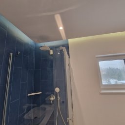 Piotr Kośmiński - Nowoczesna kabina prysznicowa z deszczownicą i baterią natryskową na tle ściany wyłożonej ciemnoniebieskimi, pionowymi płytkami; widok na zewnątrz przez okno dachowe.