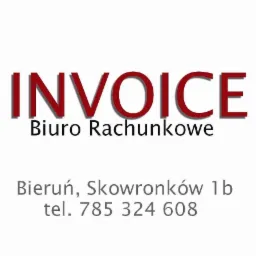 Logo biura rachunkowego 'INVOICE' z adresem w Bieruniu i numerem telefonu.