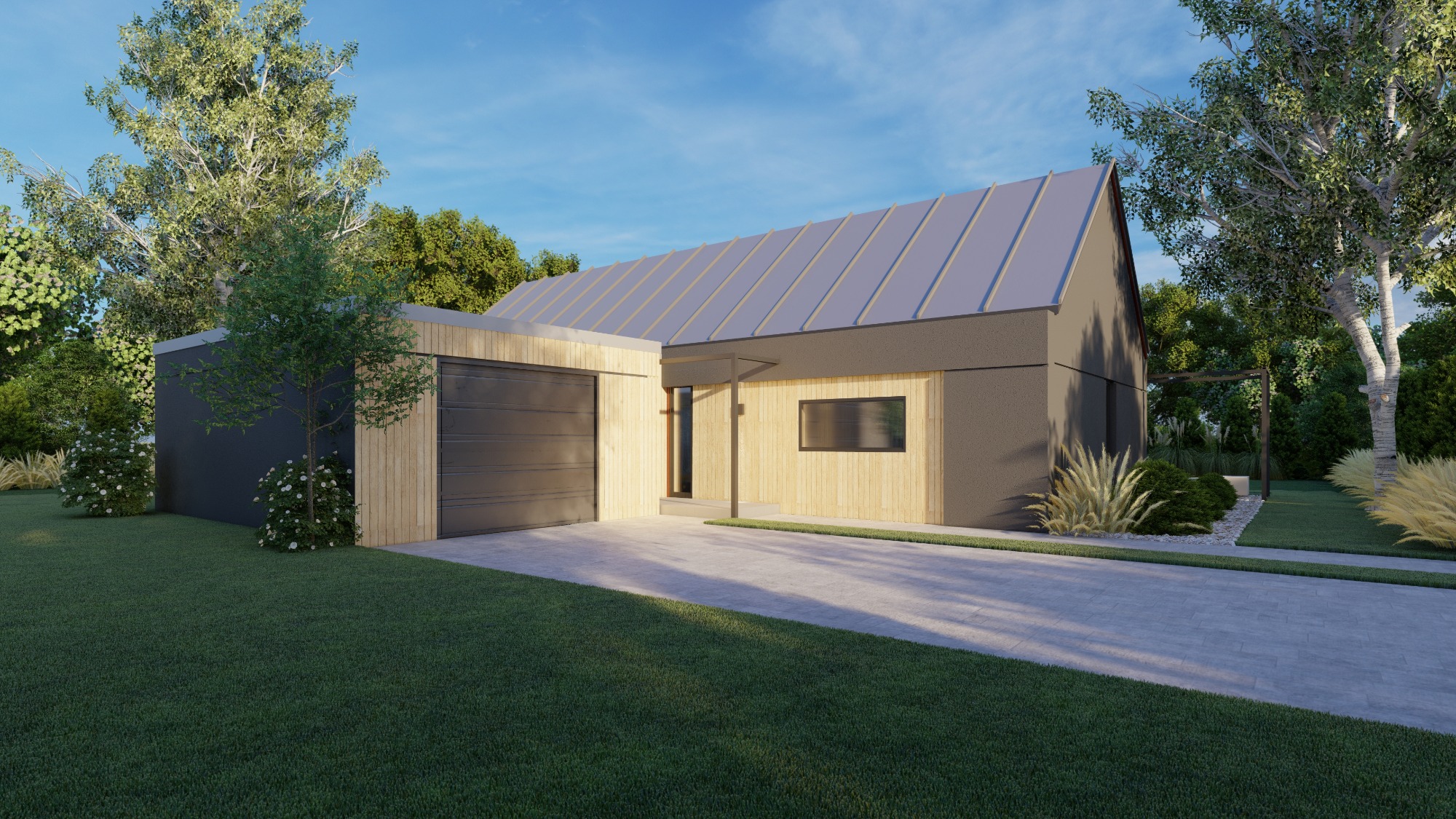 Nowoczesny dom z garażem, elewacja z jasnego drewna i szarego tynku, blaszany dach, otoczony zielenią.