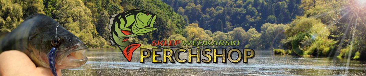Logo sklepu wędkarskiego Perchshop z wizerunkiem okonia trzymanego w ręku na tle rzeki i lasu.