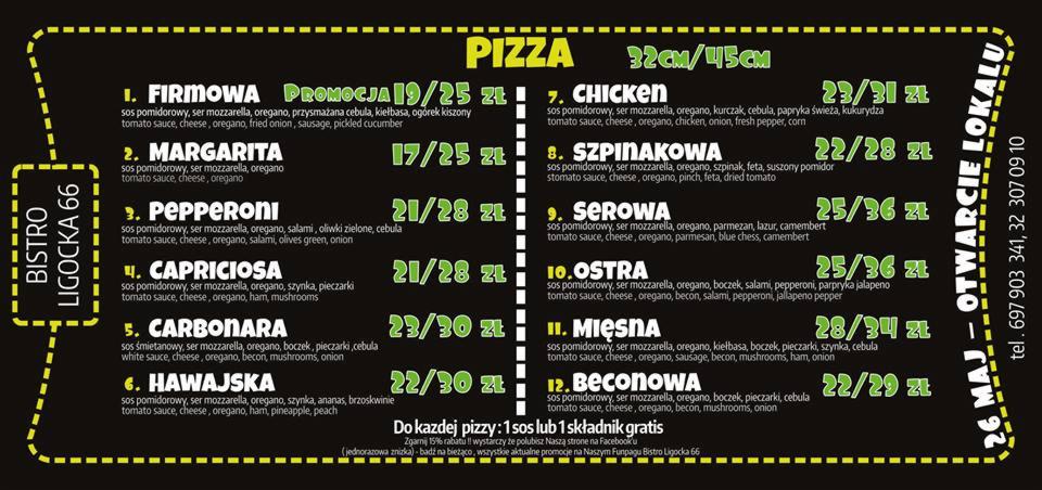 Menu pizzerii Bistro Ligocka 66 z listą pizz, składnikami i cenami, czarne tło z żółtymi napisami.