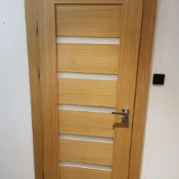 Dębowa okleina na drzwiach z poziomymi przeszkleniami, widoczna klamka i zawiasy w kolorze srebrnym, na ścianie czarny włącznik światła.