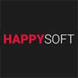 Logo firmy HappySoft na ciemnoszarym tle. Napis Happy w kolorze czerwonym, Soft w kolorze białym, czcionka bezszeryfowa.