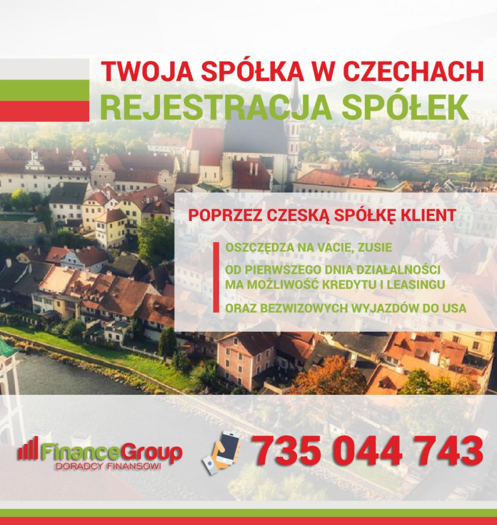 Grafika reklamowa z panoramą czeskiego miasta, tekstem o rejestracji spółek w Czechach i logotypem firmy doradczej Finance Group oraz numerem telefonu.