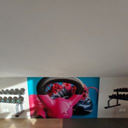 MJP Mateusz Wolny - Ściana siłowni z fototapetą przedstawiającą kettlebell i buty sportowe, obok regały z hantlami w dwóch rzędach.