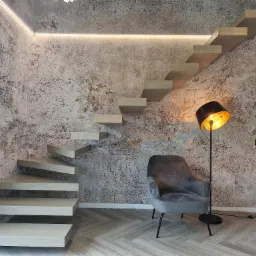 Stylowe schody dywanowe na tle ściany z efektem dekoracyjnym, oświetlone listwą LED, uzupełnione fotelem i lampą. Parkiet w jodełkę na podłodze.