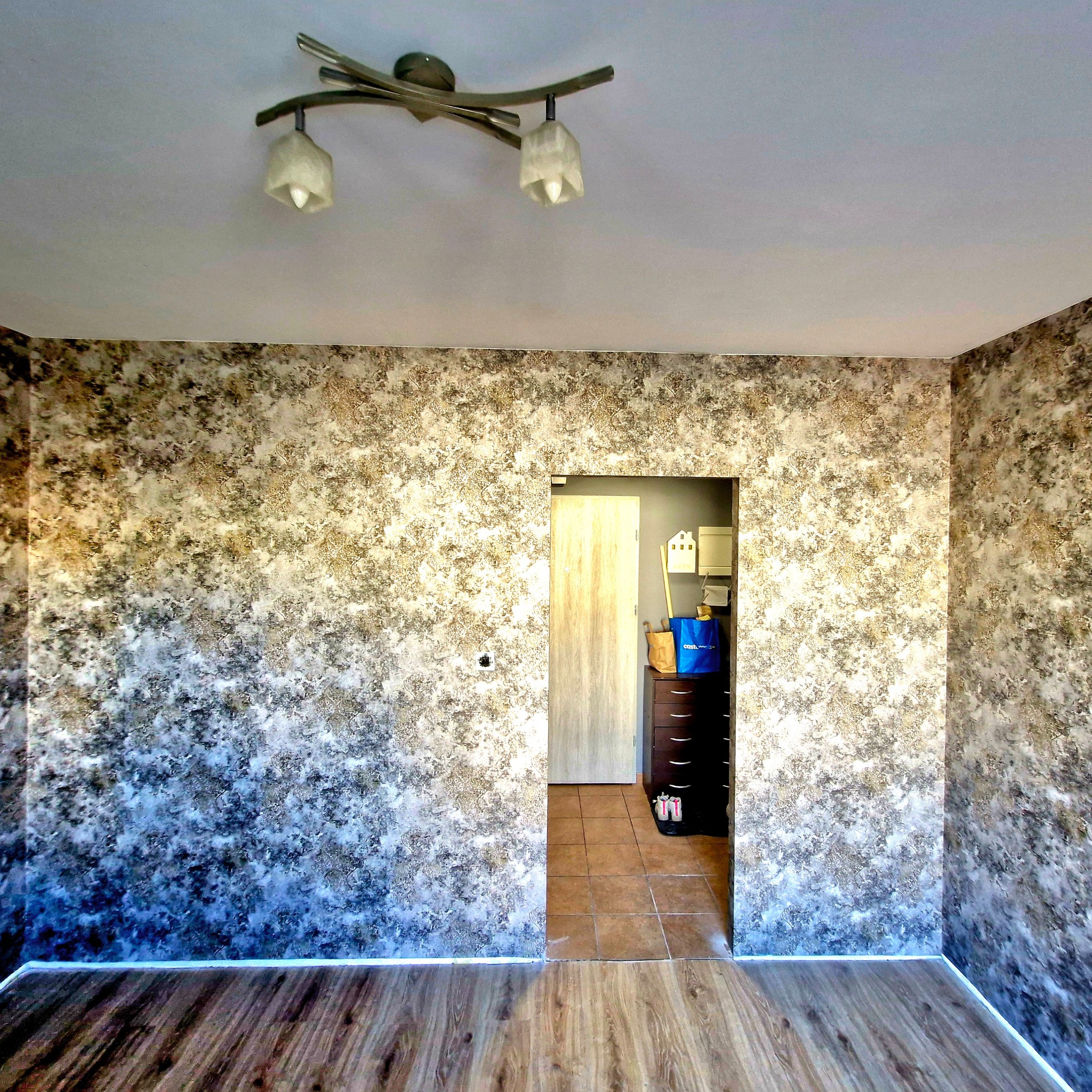 Pokój po malowaniu ścian z dekoracyjnym wzorem, widoczna lampa sufitowa i drewniana podłoga. Wykończone wnętrze z oryginalnym efektem na ścianach.