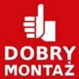 Czerwone logo z białym napisem 'DOBRY MONTAŻ' i symbolem kciuka w górę.