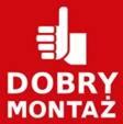 Czerwone logo z białym napisem 'DOBRY MONTAŻ' i symbolem kciuka w górę.