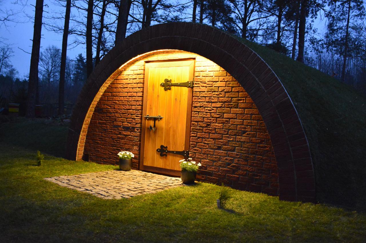 Ziemianka z cegły z drewnianymi drzwiami i oświetleniem zewnętrznym, porośnięta trawą, z brukowanym wejściem i kwiatami w doniczkach.