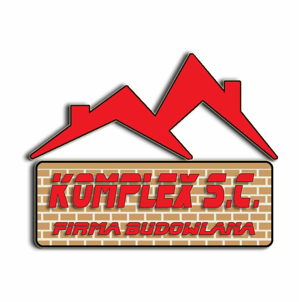 Logo firmy budowlanej Kompleks S.C. z czerwonym dachem i napisem na tle cegieł.