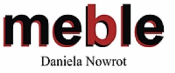Logo firmy meblarskiej Daniela Nowrot, z napisem 'meble' w czcionce szeryfowej, gdzie litera 'b' jest koloru czerwonego, a reszta czarna z czerwonym cieniem.