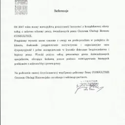 Skan referencji od Muzeum Architektury we Wrocławiu z datą 16.04.2014 dla firmy CONSULTRIX, polecającej ich usługi w zakresie ochrony pracy, BHP i prawa pracy.