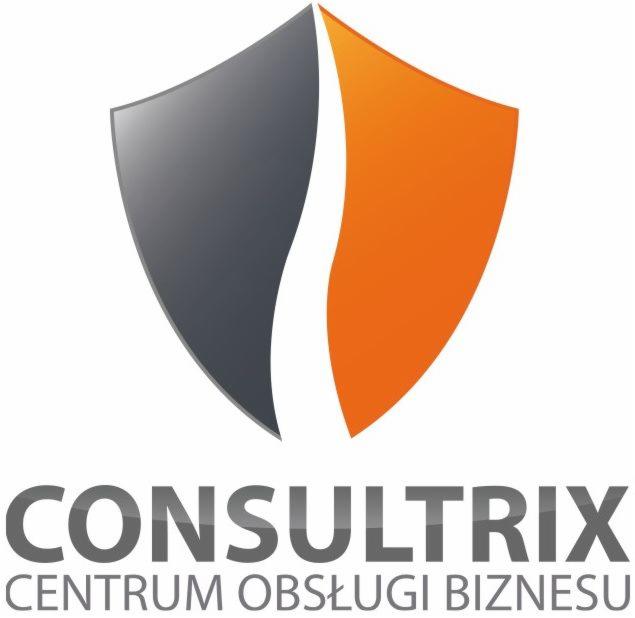 Logo firmy Consultrix Centrum Obsługi Biznesu, przedstawiające stylizowaną tarczę w kolorach szaro-srebrnym i pomarańczowym.