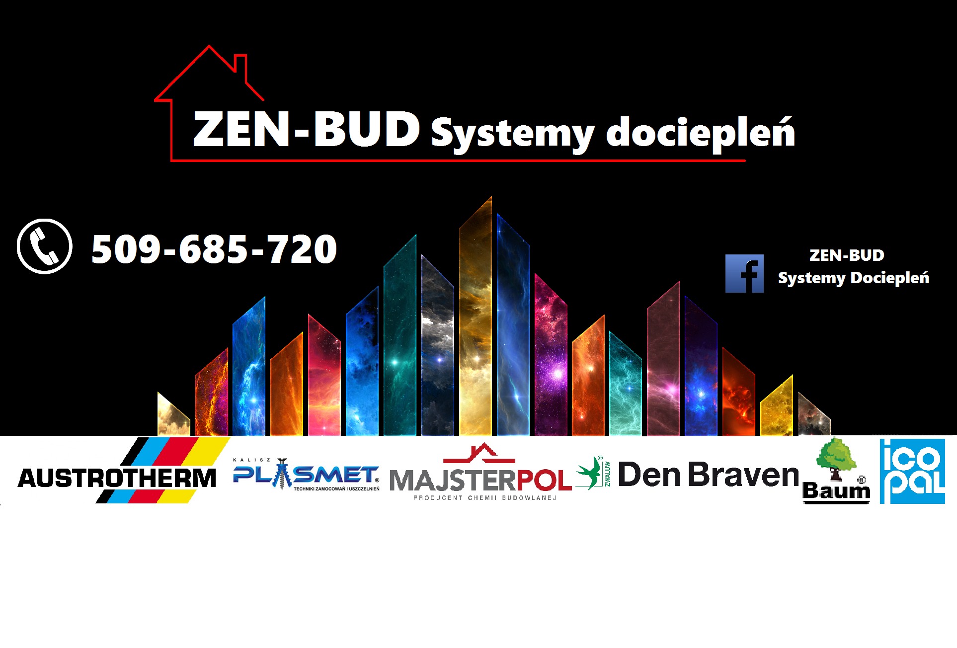 Logo firmy Zen-Bud Systemy dociepleń z numerem telefonu, ikoną Facebooka oraz logotypami partnerów: Austrotherm, Plasmet, Majsterpol, Den Braven, Baumit, Icopal
