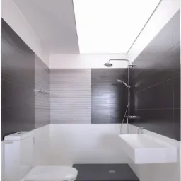 Nowoczesna łazienka z czarno-białymi płytkami, prostokątną umywalką i kabiną prysznicową bez brodzika, oświetlona górnym panelem LED.