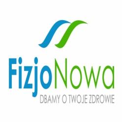 Logo firmy FizjoNowa z hasłem 'Dbamy o Twoje zdrowie', stylizowany napis w kolorach niebieskim i zielonym, nad napisem graficzny symbol w tych samych kolorach.