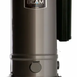 Szaro-czarny moduł centralnego odkurzacza BEAM z widocznym filtrem, w całości na białym tle.