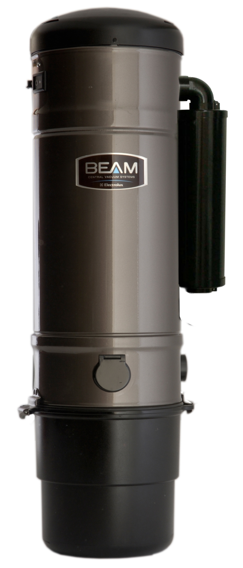 Szaro-czarny moduł centralnego odkurzacza BEAM z widocznym filtrem, w całości na białym tle.