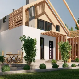 Wizualizacja nowoczesnego domu z drewnianą konstrukcją ażurową, tarasem z drewnianymi meblami ogrodowymi i starannie zaprojektowanym ogrodem z niskimi krzewami.