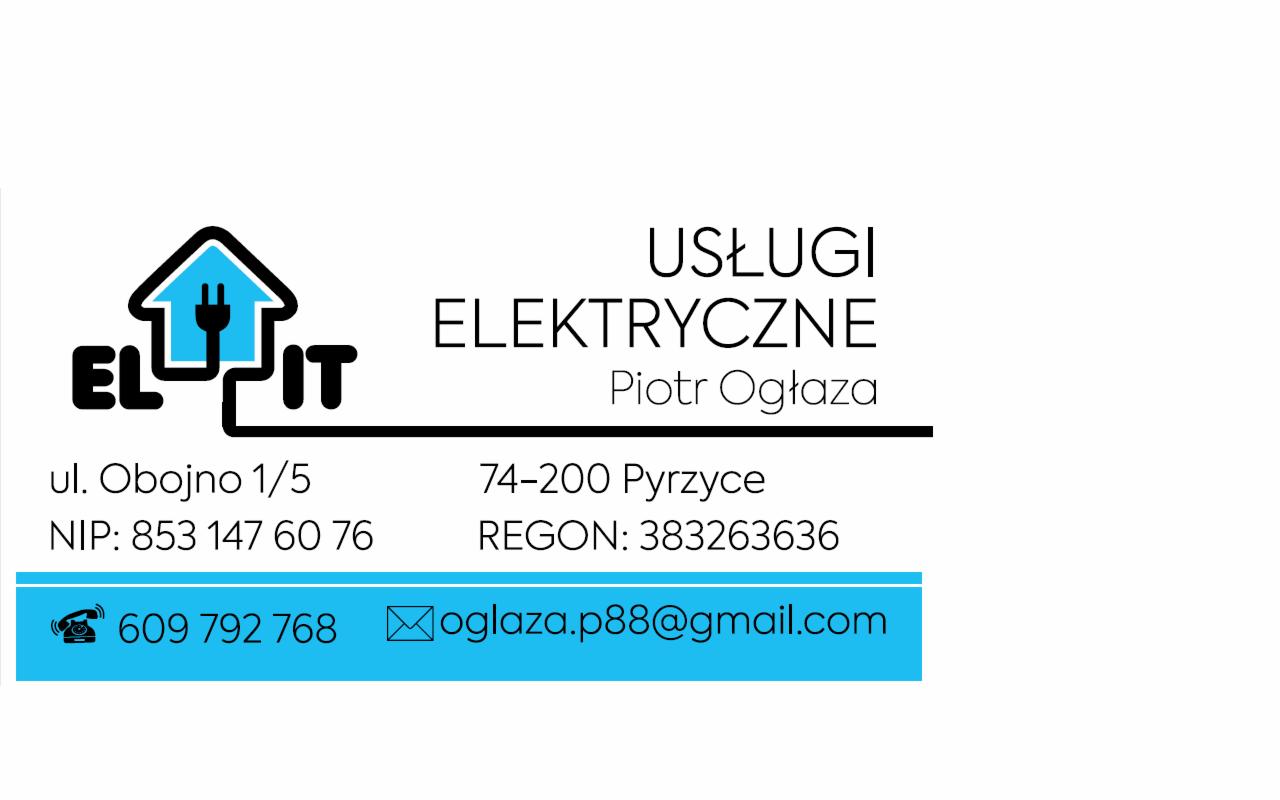Wizytówka firmy ELPIT oferującej usługi elektryczne, zawierająca logo z symbolem domu z wtyczką, adres, NIP, REGON, numer telefonu i adres e-mail.