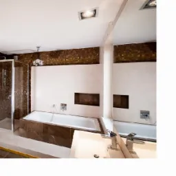 Nowoczesna łazienka z kabiną prysznicową, wanną obudowaną brązowymi płytkami i grzejnikiem drabinkowym w kolorze chromu.