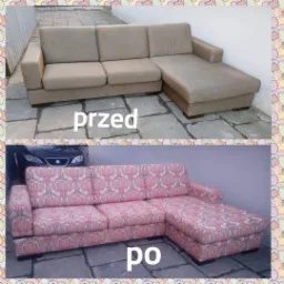 Zdjęcie 'przed' i 'po' przedstawiające renowację narożnika: z beżowej tkaniny na wzorzystą różową, widoczne na tle brukowanej powierzchni.