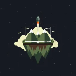 Stylizowana grafika przedstawia unoszącą się wyspę z górami, nad którą wznosi się rakieta, umieszczona w ramce z napisem 'Web Design' i 'Grafika' na tle nocnego nieba.