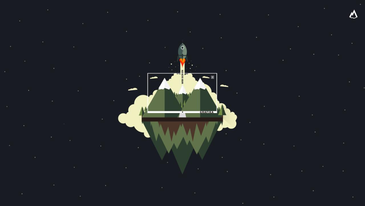 Stylizowana grafika przedstawia unoszącą się wyspę z górami, nad którą wznosi się rakieta, umieszczona w ramce z napisem 'Web Design' i 'Grafika' na tle nocnego nieba.