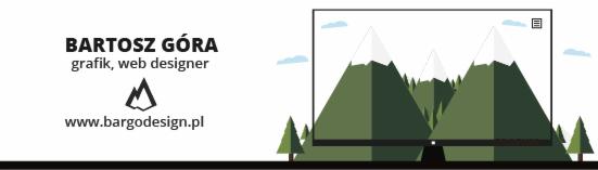 Wizytówka z imieniem i nazwiskiem Bartosza Góry, grafika i web designera, adresem strony internetowej bargodesign.pl oraz ilustracją górskiego krajobrazu wyświetlanego na monitorze.