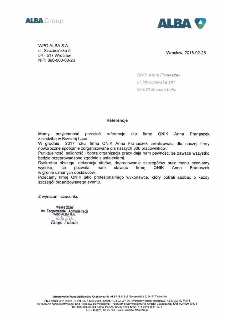 Skan referencji dla firmy QNIK Anna Franaszek z siedzibą w Brzeziej Łące, zorganizowanej w grudniu 2017 roku, dotyczącej noworocznego spotkania dla 300 pracowników, wystawione przez WPO ALBA S.A.