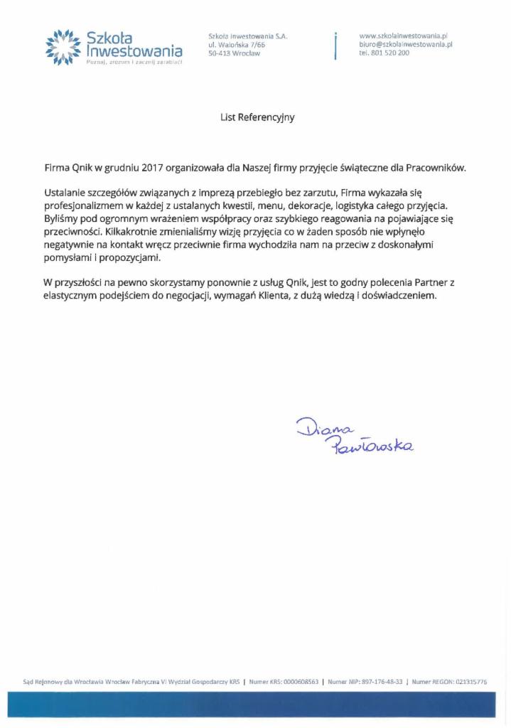 Skan listu referencyjnego od firmy Szkoła Inwestowania, potwierdzający organizację przyjęcia świątecznego dla pracowników przez firmę Qnik w grudniu 2017, z podpisem.