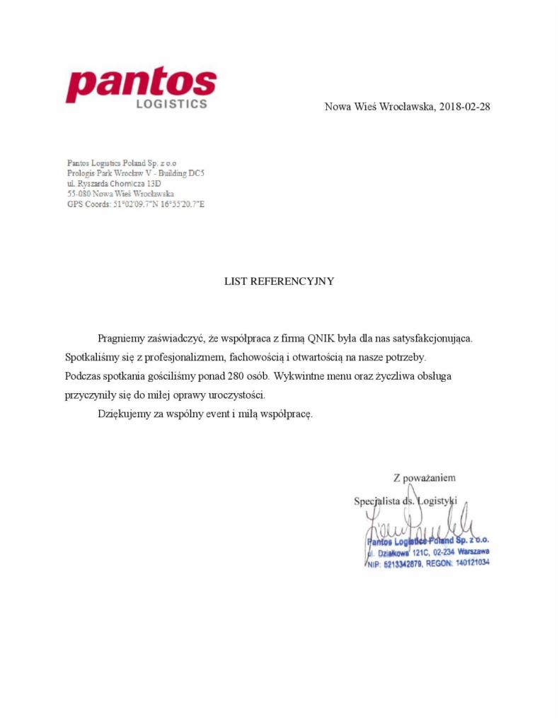 Skan listu referencyjnego od Pantos Logistics Poland Sp. z o.o., potwierdzający satysfakcjonującą współpracę z firmą QNIK podczas eventu dla ponad 280 osób, z pochwałami wykwintnego menu...