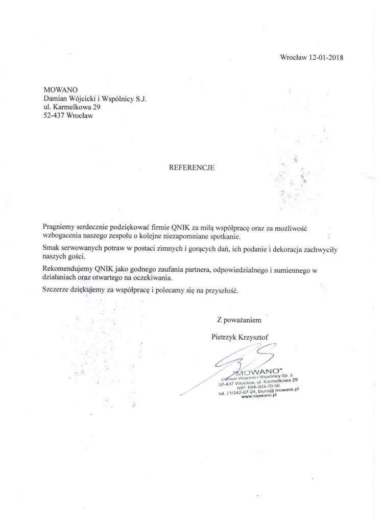 Skan dokumentu referencyjnego od firmy MOWANO, z podziękowaniem za współpracę, datowany na 12-01-2018, z podpisem Pietrzyka Krzysztofa i danymi kontaktowymi firmy.