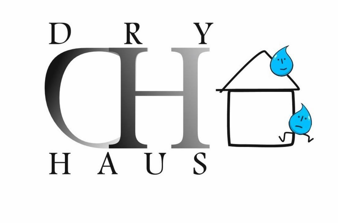 Grafika z napisem 'DRY CHAUS' i rysunkiem domu z kroplami wody z buźkami, sugerująca usługi związane z suchym domem.
