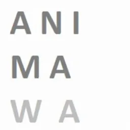 Szare litery ułożone w pionie tworzące słowo 'ANIMAWA' na białym tle, z efektem lekkiego cieniowania na dolnych literach.