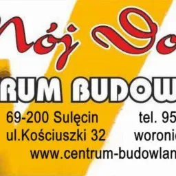 Logo Centrum Budowlane z malarskim wałkiem nanoszącym żółtą farbę, adres Sulęcin, numer telefonu i adres strony internetowej.