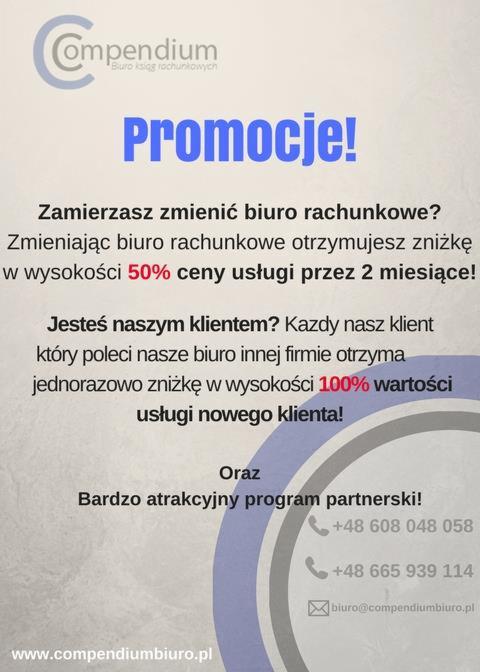 Grafika reklamowa z informacją o promocjach dla klientów zmieniających biuro rachunkowe oraz programie partnerskim, zawierająca logo firmy 'Compendium' i dane kontaktowe.