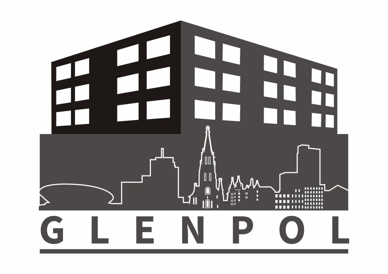 Graficzna sylwetka miasta z budynkiem biurowym na pierwszym planie i napisem GLENPOL poniżej.