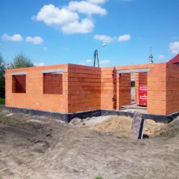 Wznoszone ściany parterowego budynku z czerwonej cegły Porotherm, widoczne otwory okienne i drzwiowe, fundament zabezpieczony czarną folią, w tle błękitne niebo z chmurami i fragment wieży kościelnej.