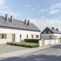 Wizualizacja szeregu nowoczesnych domów jednorodzinnych z dwuspadowymi dachami w kolorze grafitowym, jasną elewacją i drewnianymi oknami, z kostką brukową na podjeździe i niskim ogrodzeniem, na tle...