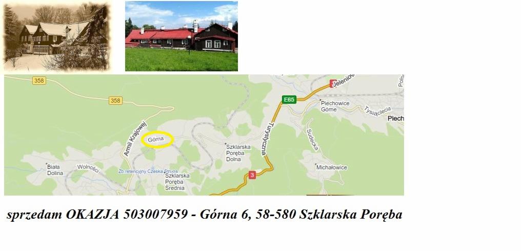 Kompozycja zdjęć: dwa ujęcia budynku z czerwonym dachem, jedno w sepii zimą, drugie w kolorze latem, oraz mapa z zaznaczoną lokalizacją 'Górna 6, Szklarska Poręba'.