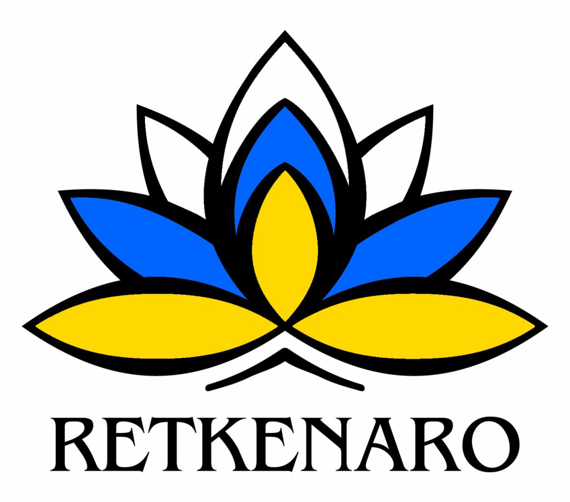 Logo firmy RETKENARO przedstawiające stylizowany kwiat lotosu w barwach niebiesko-żółtych, z czarnym obrysem na białym tle.