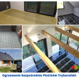 Montaż ogrzewania podłogowego: widok na etapy instalacji w różnych pomieszczeniach, w tym przygotowanie podłoża, rozłożenie mat grzewczych i widok zewnętrzny domu.