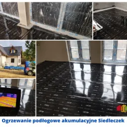 Montaż folii grzewczej Caleo na podłodze w nowym budynku, widoczny termowizor wskazujący temperaturę, okna zabezpieczone folią malarską, w tle częściowo widoczny budynek z zewnątrz.