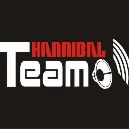 Logo firmy Hannibal Team z głośnikiem, nazwa firmy w kolorach białym i czerwonym na czarnym tle.