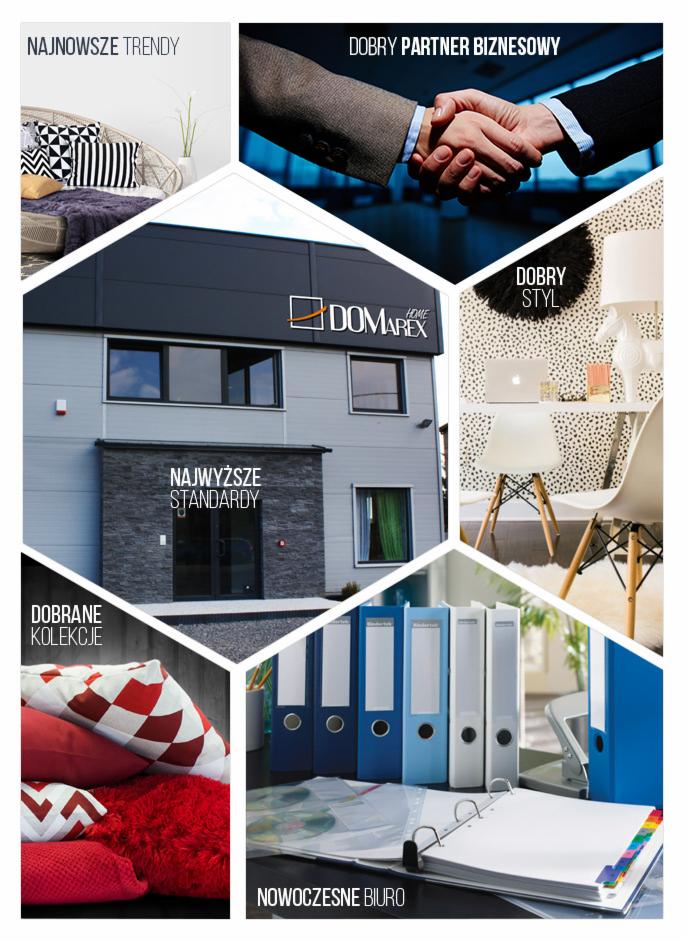 Kolaż prezentujący firmę: budynek z logo Domarex, uścisk dłoni, nowoczesne biuro z segregatorami, stylowe wnętrze z laptopem, poduszki dekoracyjne i fotel rattanowy.