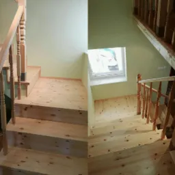 Drewniane schody z balustradą z jasnego drewna prowadzące na poddasze, widok z góry, jasne ściany i okno dachowe w tle.